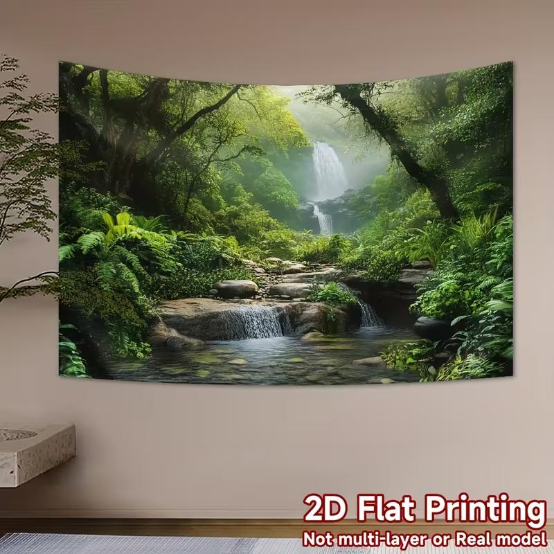 2D Lush Jungle Waterfall Tapestry Misty Stream Backdrop Cloth for Living Room