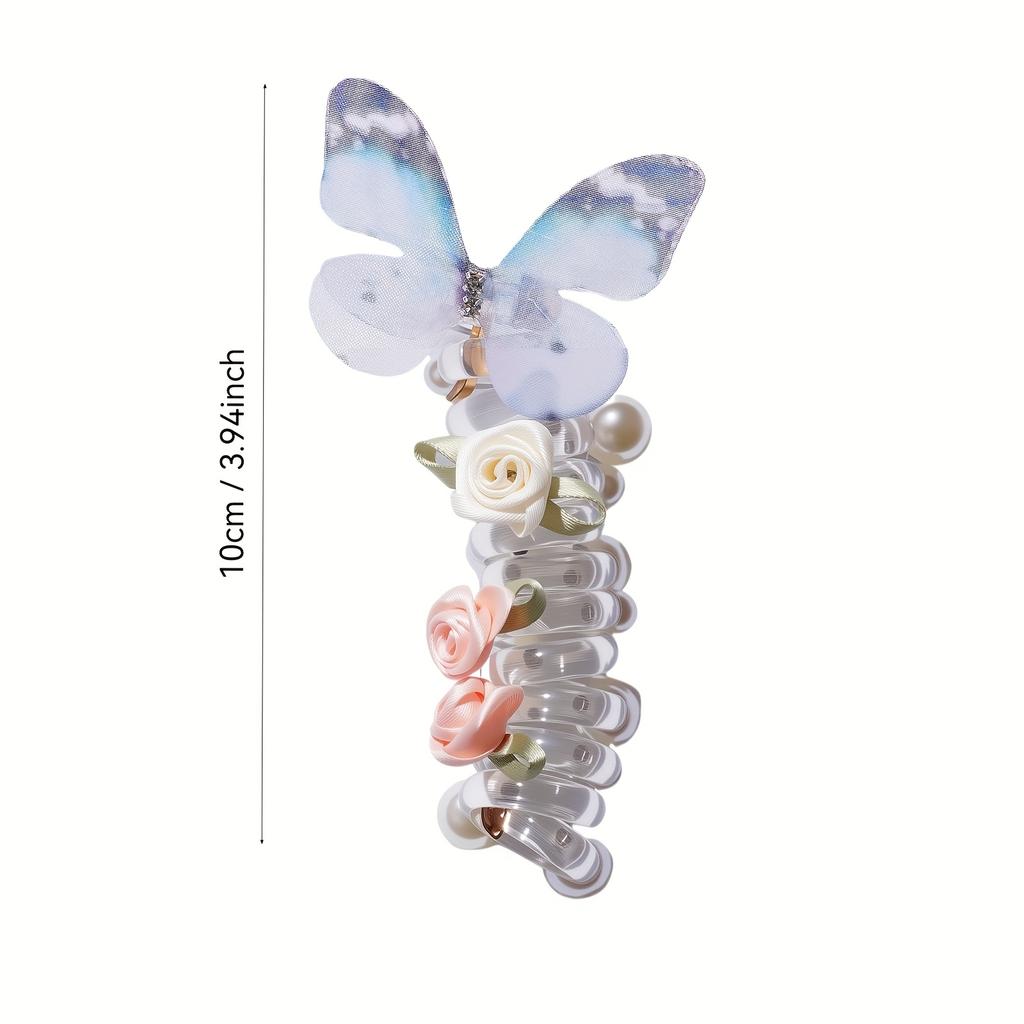 Vintage Schmetterling Telefonkabel Haargummis für Damen - Hohe Elastizität, Knitterfreie Spiral-Pferdeschwanzhalter mit Blumen & Perlen, Schmetterling Haargummi