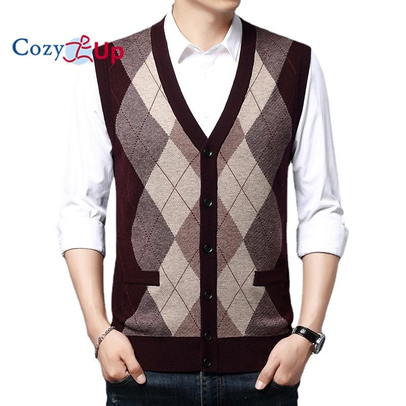 Уютный мужской шерстяной деловой жилет из жаккардового кардигана без рукавов с V-образным вырезом M красный