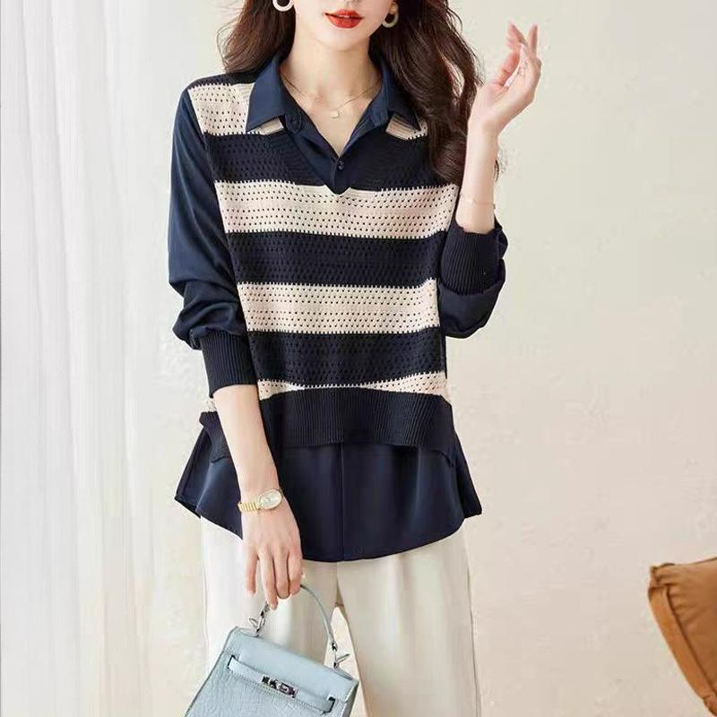 Stitching Shirts, Fake Two-piece Sweaters, Women's Western Style, Age-reducing Outer Wear, Fashion Striped Knitwear, Women