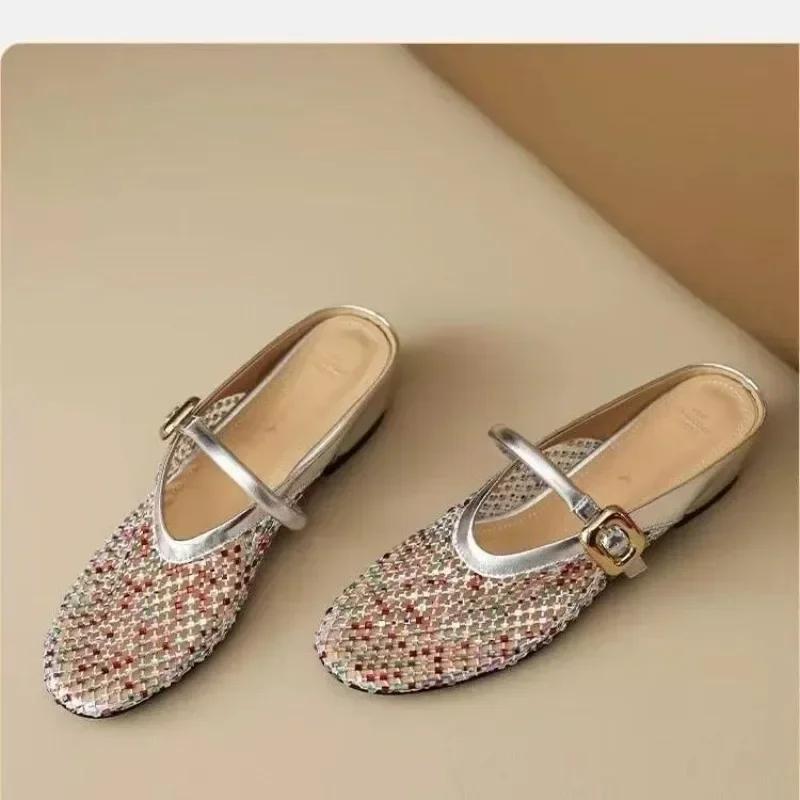 

Fashion French Baotou Cutout Breathable Slippers 2026 Summer New Wear Rhinestone Heightening Single Shoes 35 серебряный