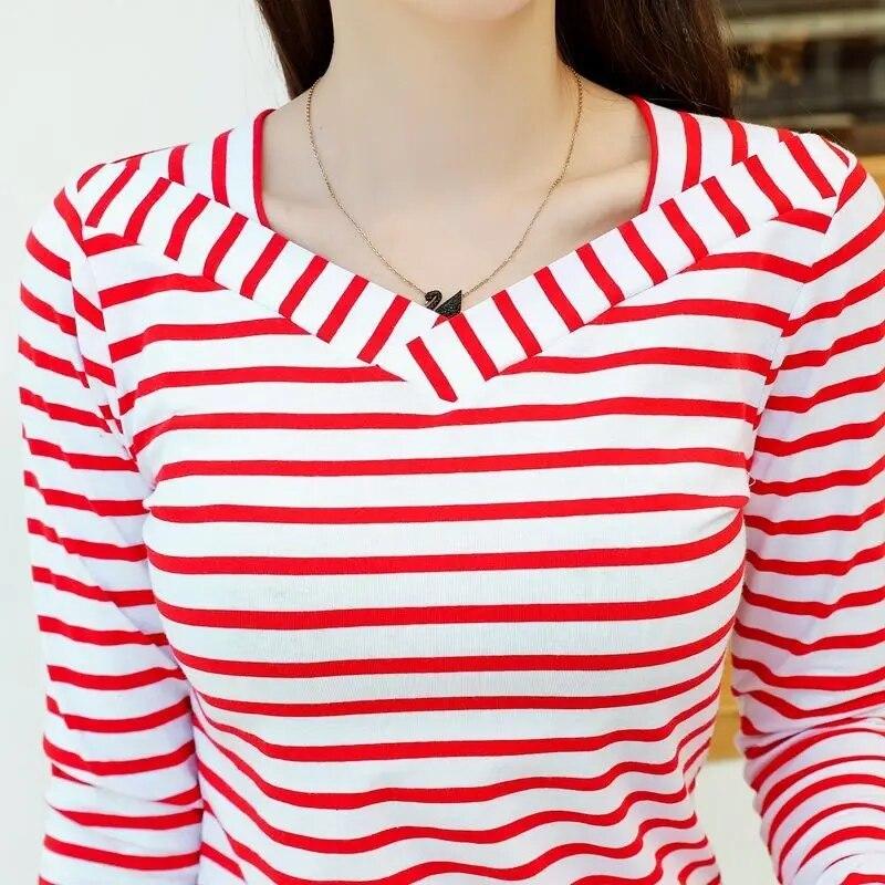 95 Cotton Long Sleeved Striped T-shirt Women's Fashion Spring Autumn New V-neck Bottoming Blouse