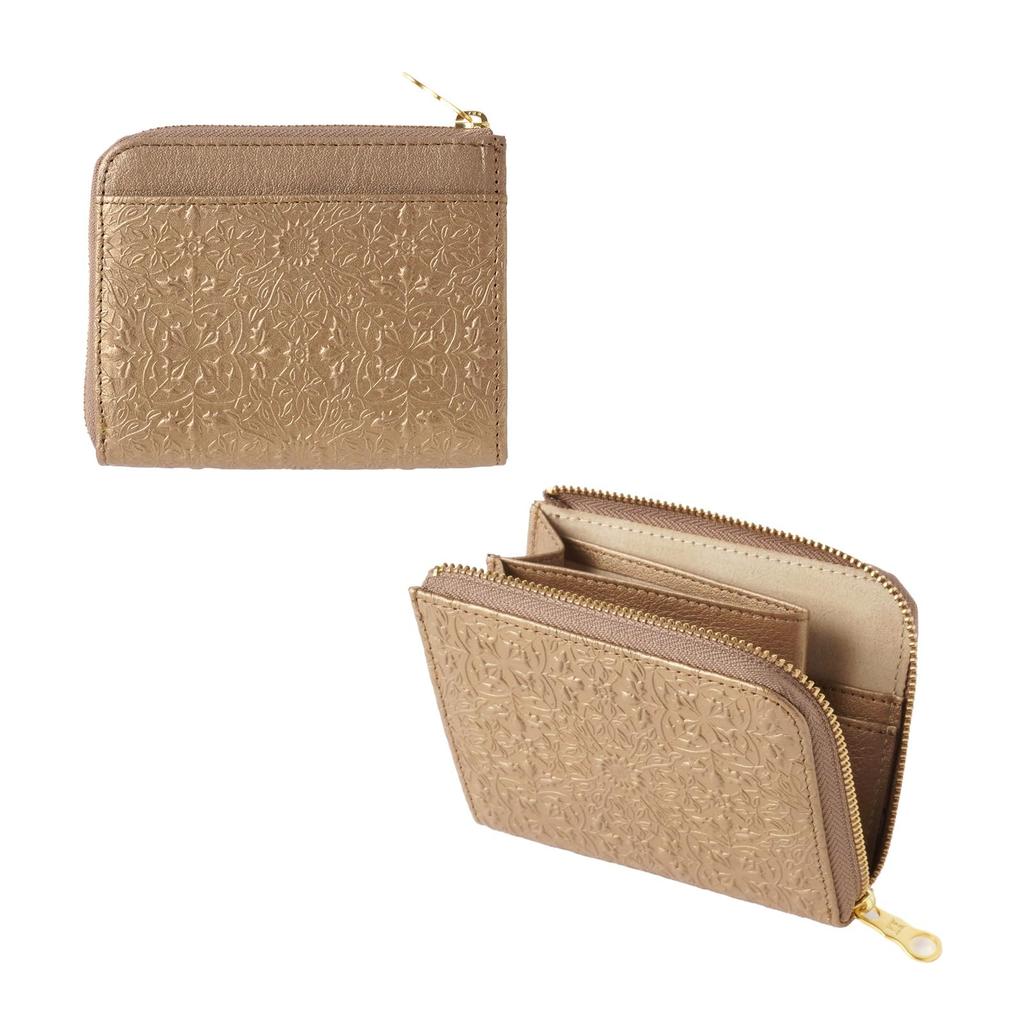 Genuine Leather Mini Wallet for Morris Antique Embossed Holds Bills Easy Card William Morris Gold [HIRAMEKI.] L-Zip Wallet, Women, Design, Folding,