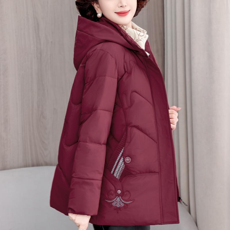 Plus Size XL-5XL Middle Age Woman Winter Coats Hooded Elegant Loose Thick Warm Embroidery Parkas Female Jacket