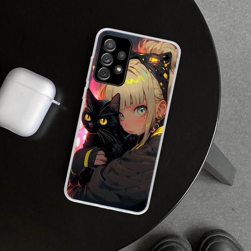 Anime Girls Cute Black Cat Phone Case Cover for Samsung Galaxy A12 A22 A32 A52 A72 A02S A51 A50S A31 A20S A10S Note 20 Ultra 10