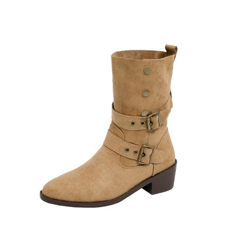 

Fold two Western cowboy boots, high-heeled medium boots, autumn and winter thick-heeled Martin boots, women s platform short boots 40 верблюд