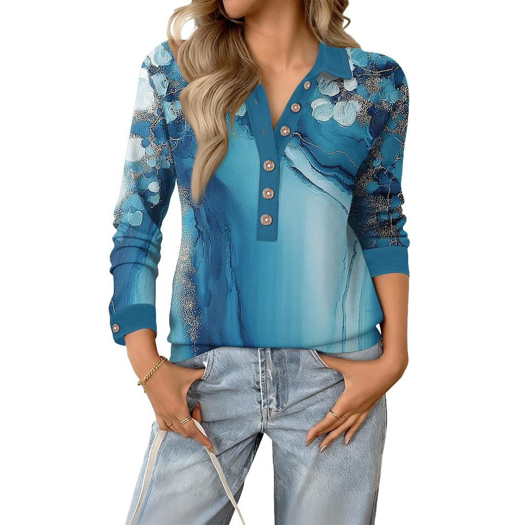 Damen Retro Street Lässiges V-Ausschnitt Langarm Knopf Floral Print Pullover Top