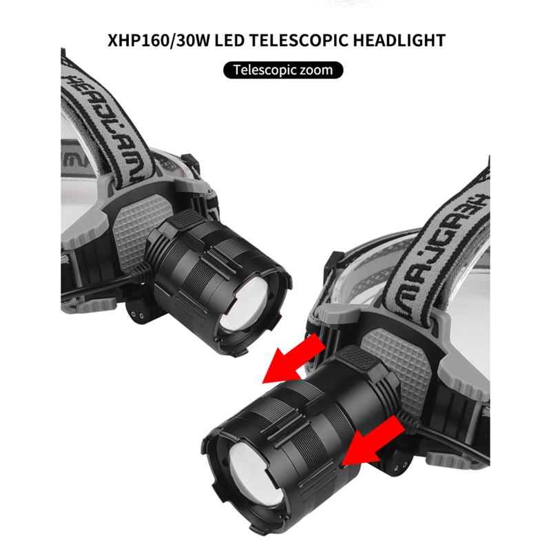 30w Xhp160 Led Headlamp 170 Degree Adjustable Telescopic Zoom Type-c Rechargeable Head Lights With
