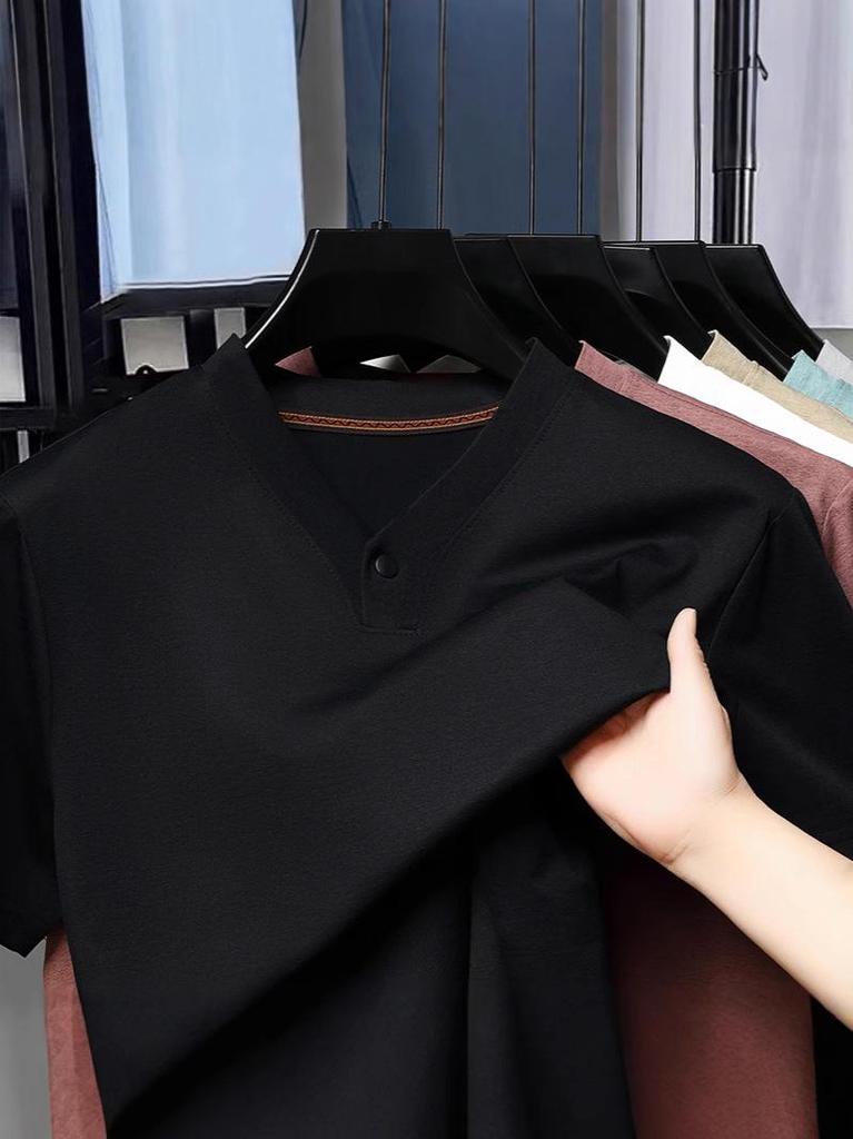 Men’s Summer 2025 V-neck Single-button Short Sleeve Breathable T-shirt