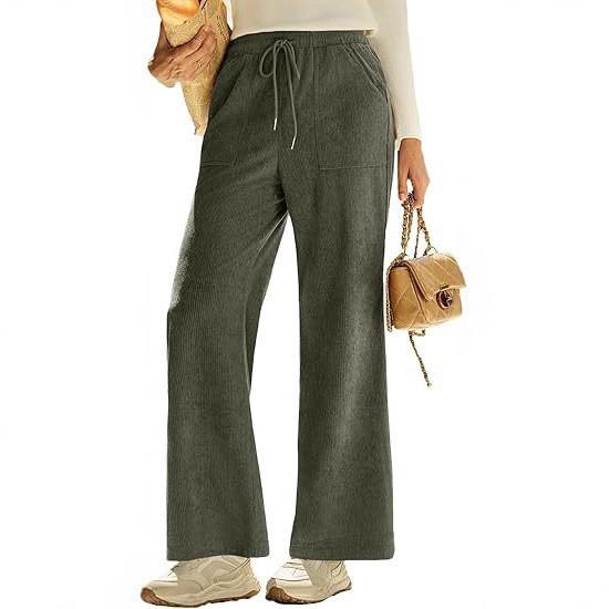 2026 High Waist Lace-Up Corduroy Barrel Pants with Pockets - Wide Leg, Casual, Elastic Long Pants