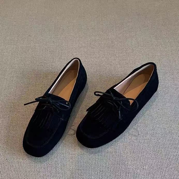 

Версия из овчины~ замшевые ретро кожаные лоферы на одной педали женские с круглым носком на шнуровке на плоской подошве ленивые с бахромой туфли-бини 40