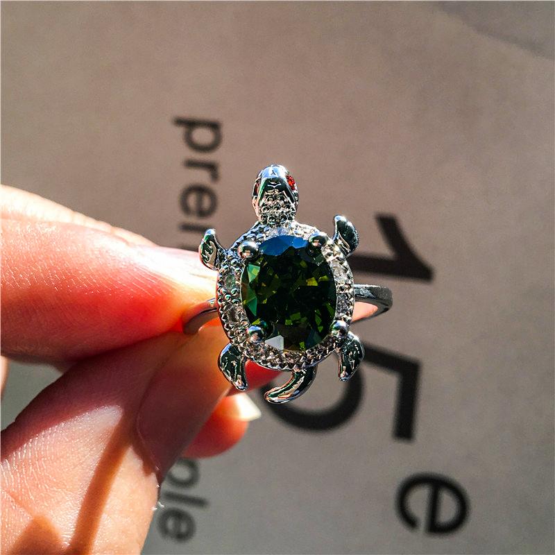 

Cute Female Big Olive Green Turtle Ring Silver Color Crystal Zircon Stone Wedding Jewelry For Women 7