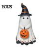 Halloween Home Decor Ghost Figurine, Cute Wearing Hat And Holding Holiday Vibes Pumpkin Statue, Resin Ornament for Shelf Tabletop Spooky Decoration