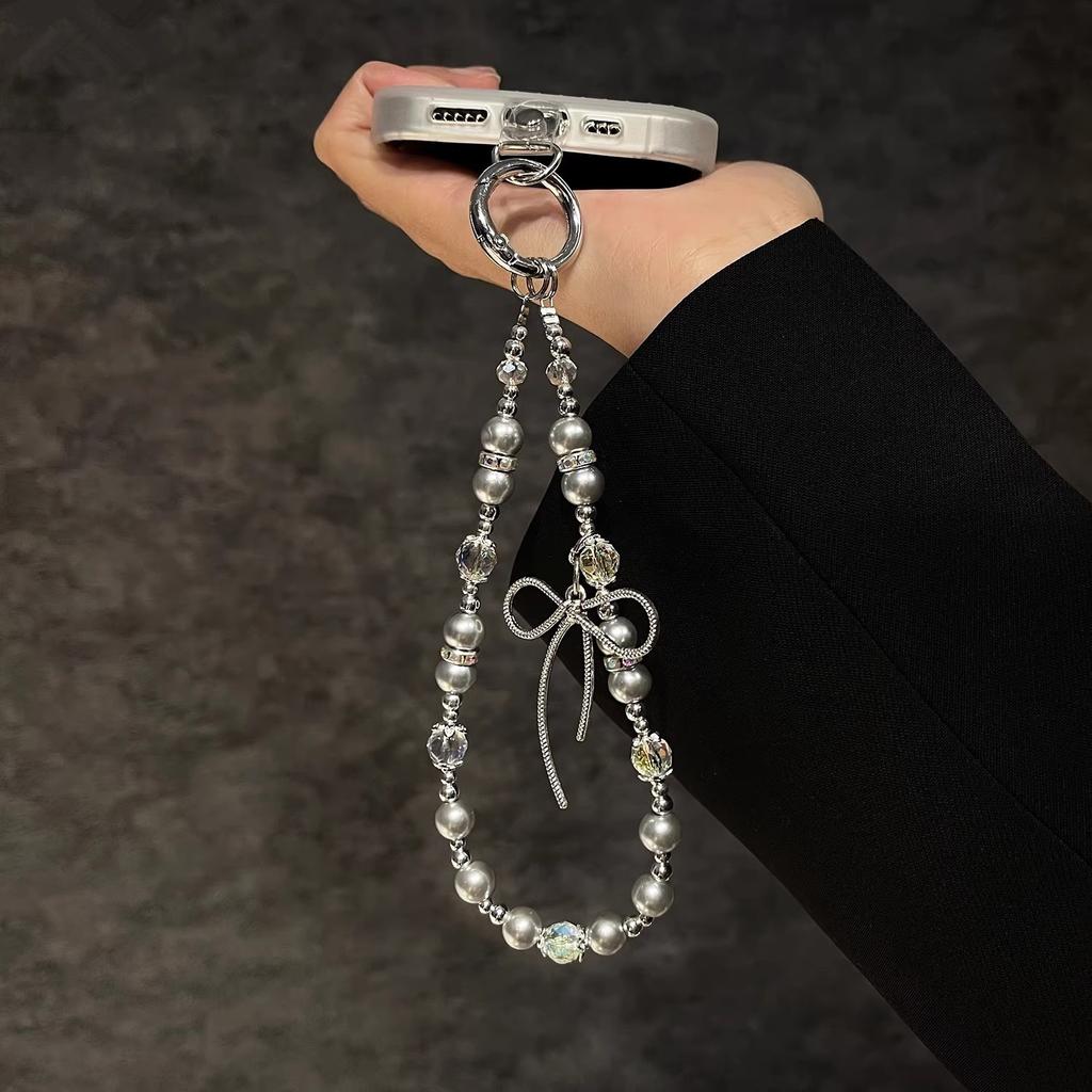 Catena per Cellulare con Perline di Cristallo di Lusso alla Moda Corta da Polso Portatile Decorativa con Fiocco Cordino Sospeso per Telefoni
