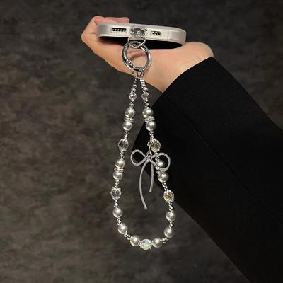 Luxury Crystal Beaded Mobile Phone Chain Fashionable Short Wrist Portable Bow Hanging Decorative Lanyard for Phones