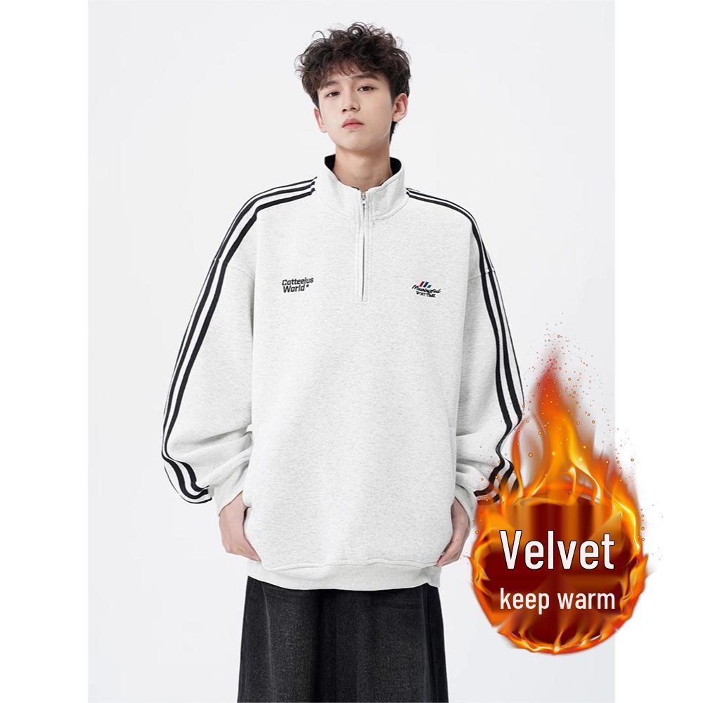 Men's Striped Heavyweight Half-Zip Hoodie, Loose Fit with Letter Embroidery and Stand-Up Collar - Versatile Autumn/Winter Sportswear Jacket