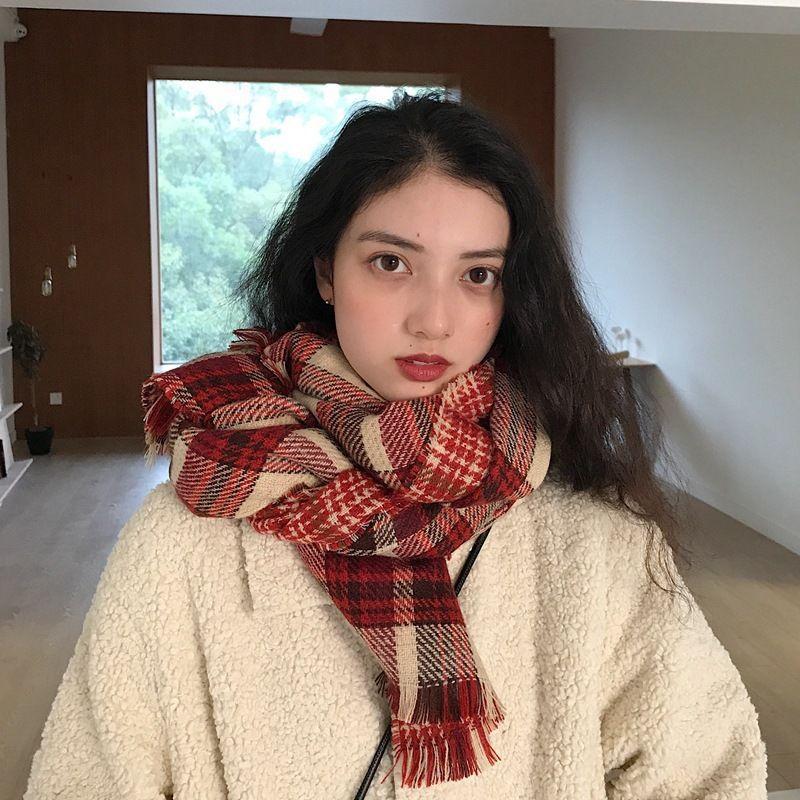 Scarf Women's Winter Christmas Imitation Cashmere Double Sided Red Plaid Scarf Scarf Shawl Thick Warm Green Student