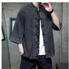 Mens Chinese Style Loose Denim Shirt Retro Pan Buckle Design Big Size Three Quarter Sleeve Top
