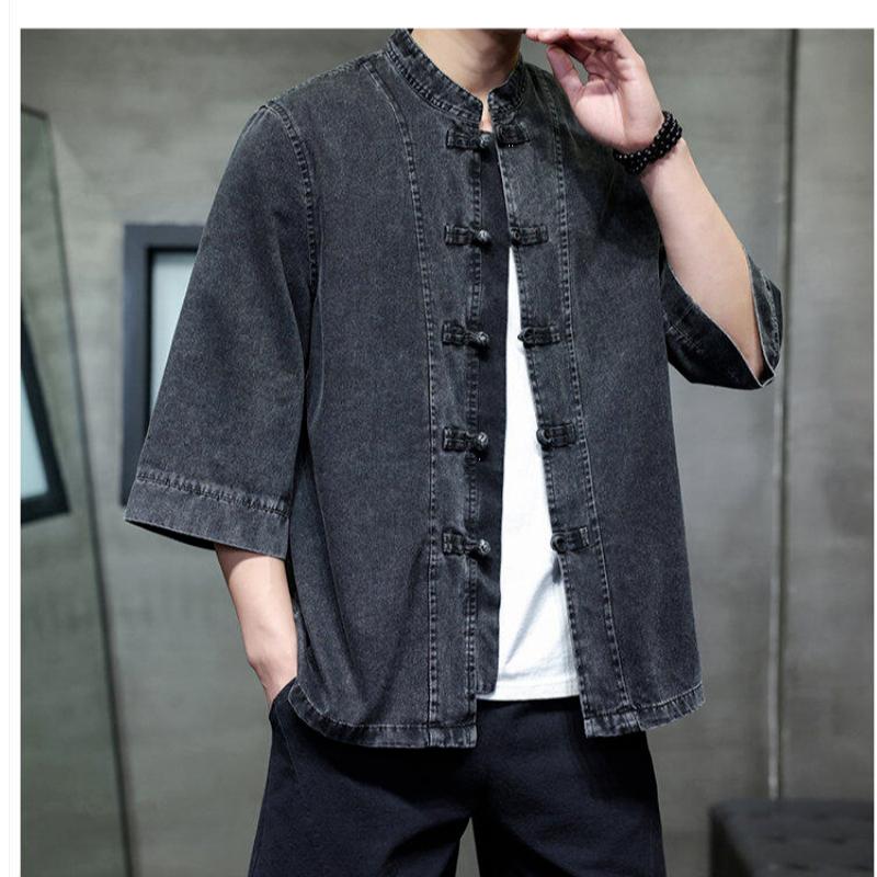 Mens Chinese Style Loose Denim Shirt Retro Pan Buckle Design Big Size Three Quarter Sleeve Top