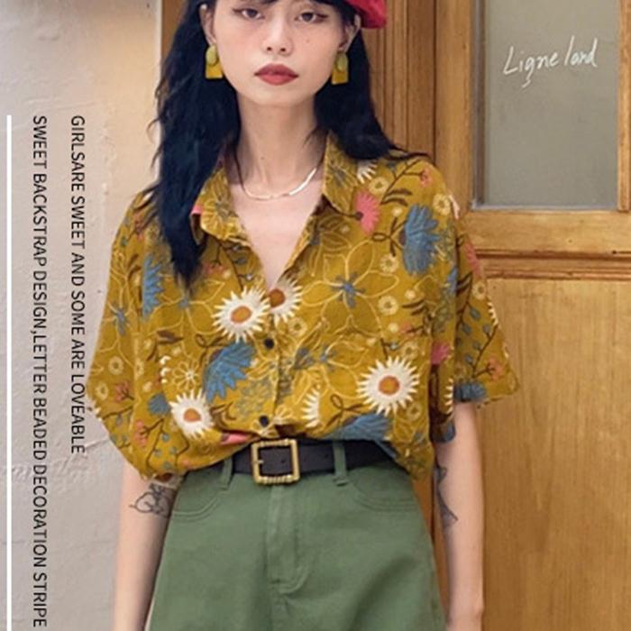 Loose Fit Printed Shirt Women‘s - Short Sleeve Summer Casual Blouse Top