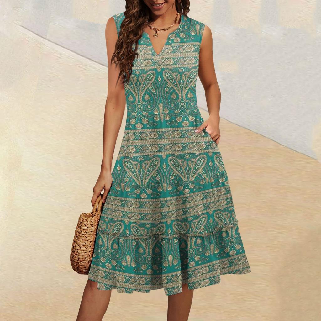 Women's Summer V-Neck Casual Pleated Ruffle Vintage Sleeveless Dresses