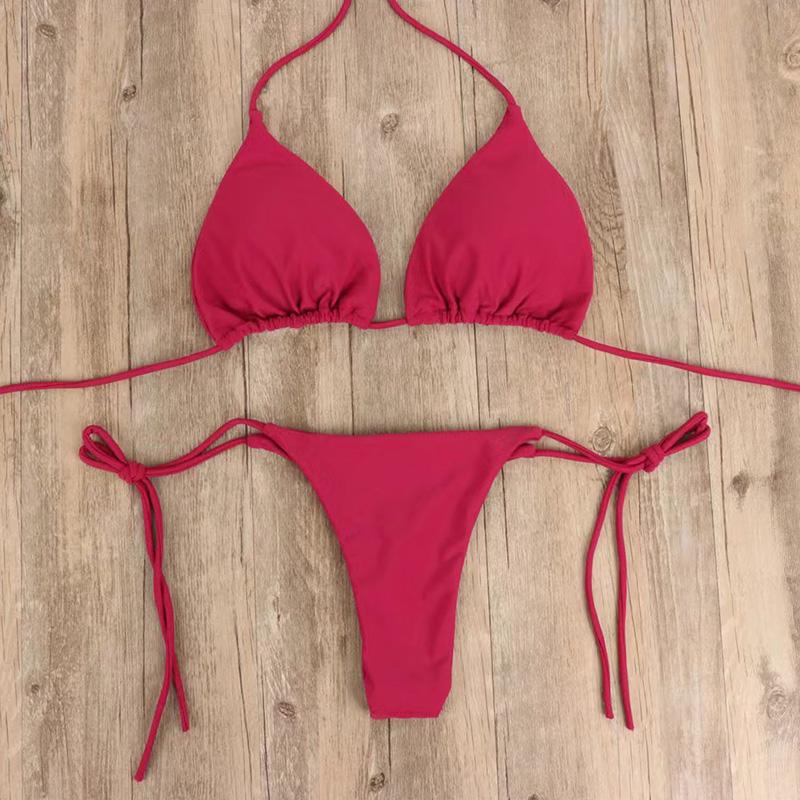 1Set Three-point Set European Style Tie Split Swimwear Solid Color Bikini Sexy Swimsuit
