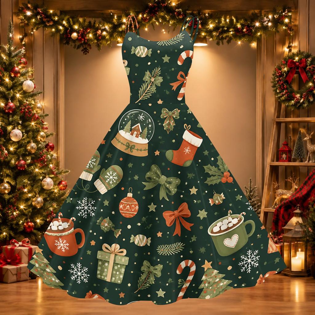 Women's Sexy Off Shoulder Christmas Print Retro Dress for Party