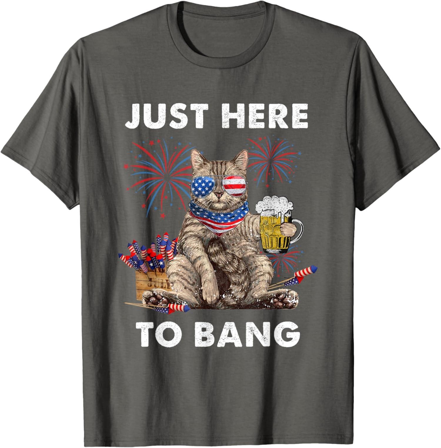 Cat Just Here To Bang Usa Flag Funny Beer 4Th Of July Unisex T-Shirt S разноцветный
