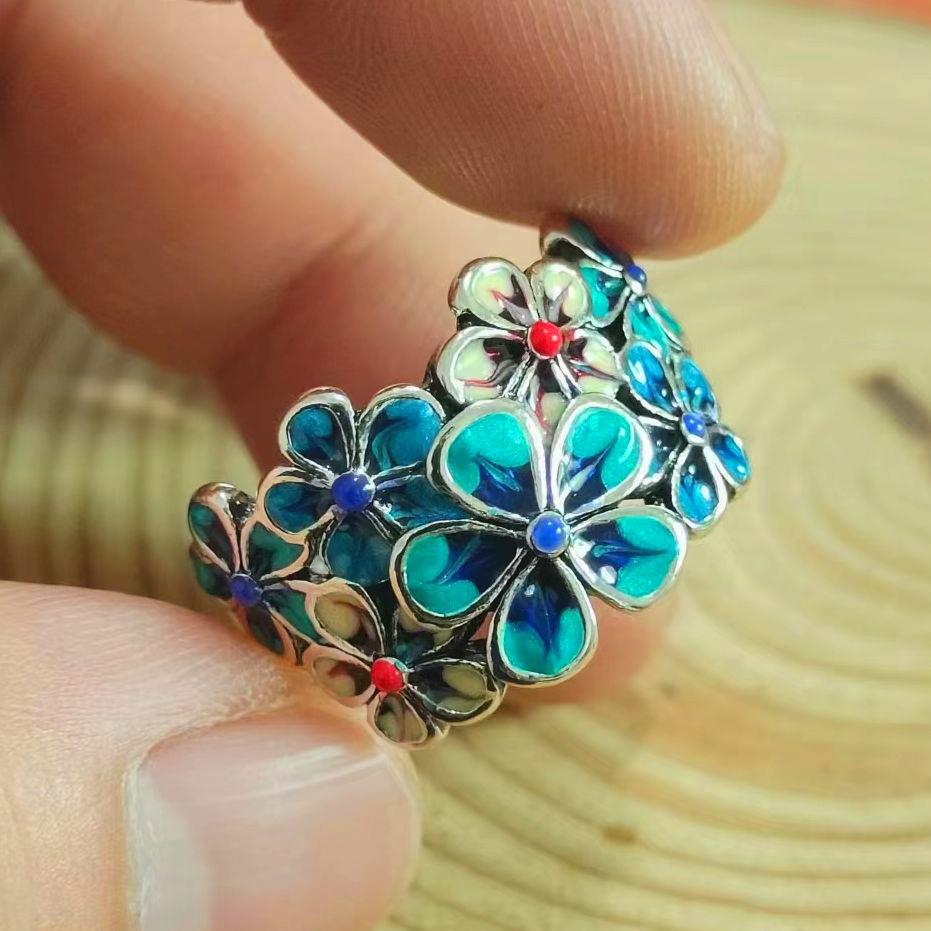 Retro Chinese Cloisonne Blossom Flower Ring For Women Punk Gothic Vintage Open Ring Handmade Designer Zircon Unisex Accessories