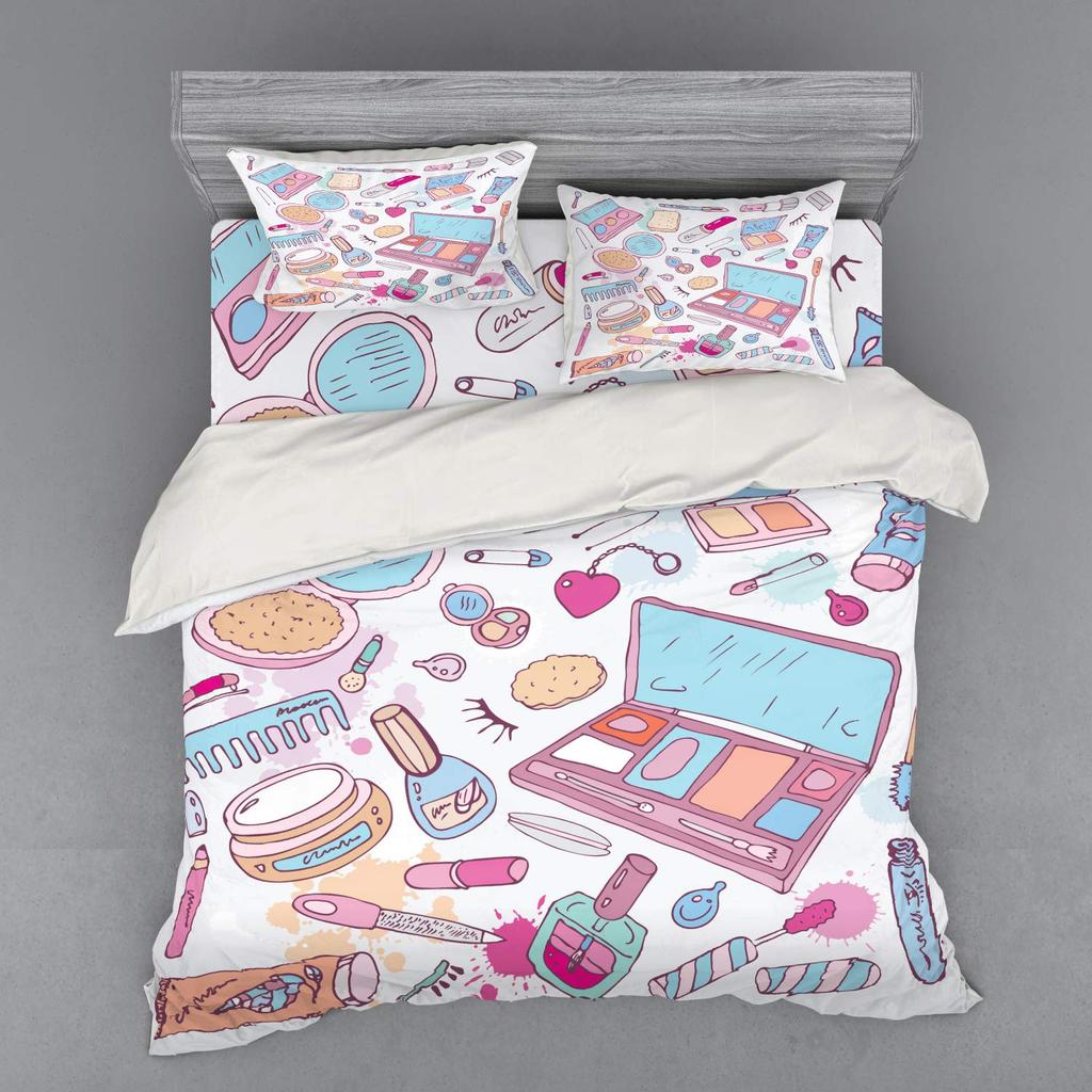 Makeup Duvet Cover Set for Women Queen Size Lightweight Down Quilt Covers Bedroom Decor 2 Pillowcases 1 Duvet Cover No Comforter