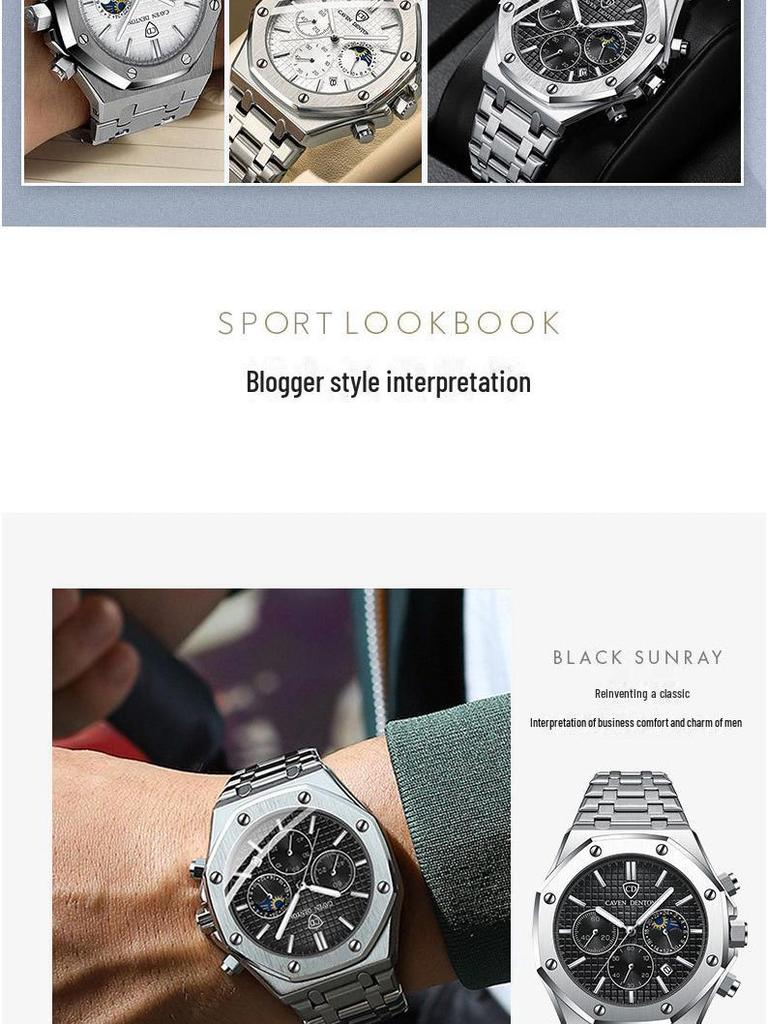 High-End Waterproof Multi-Function Men's Steel Belt Watch with Moon Phase Feature