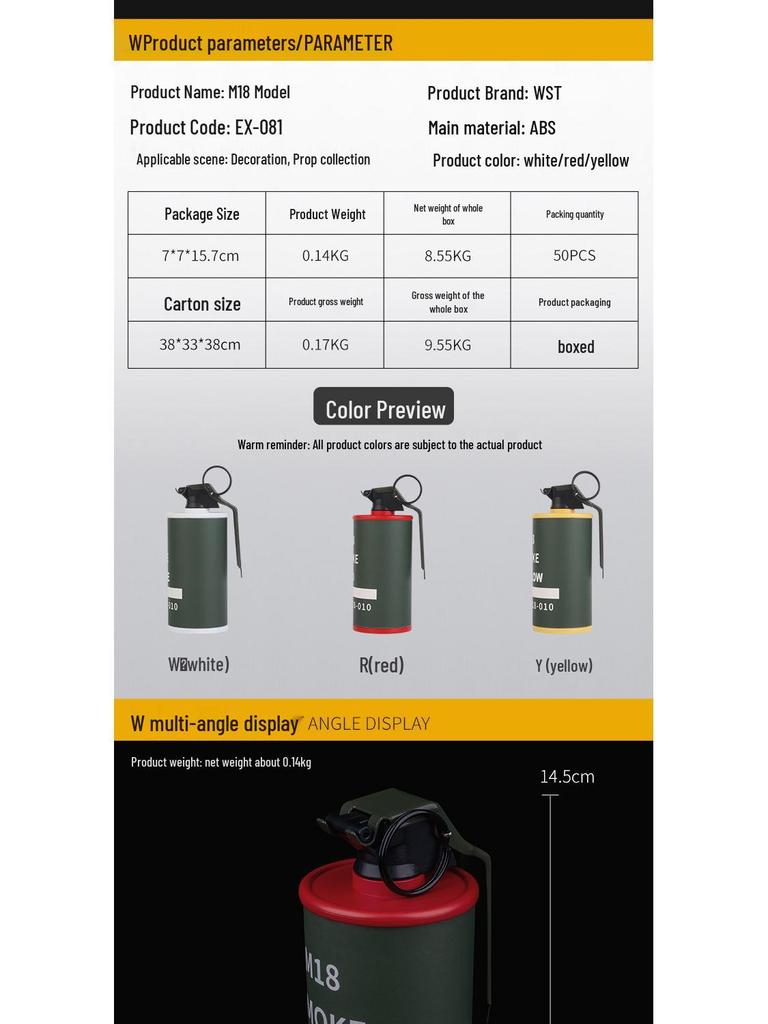 M18 Smoke Grenade Ejectable Pull Ring Prop for Cosplay & Storage