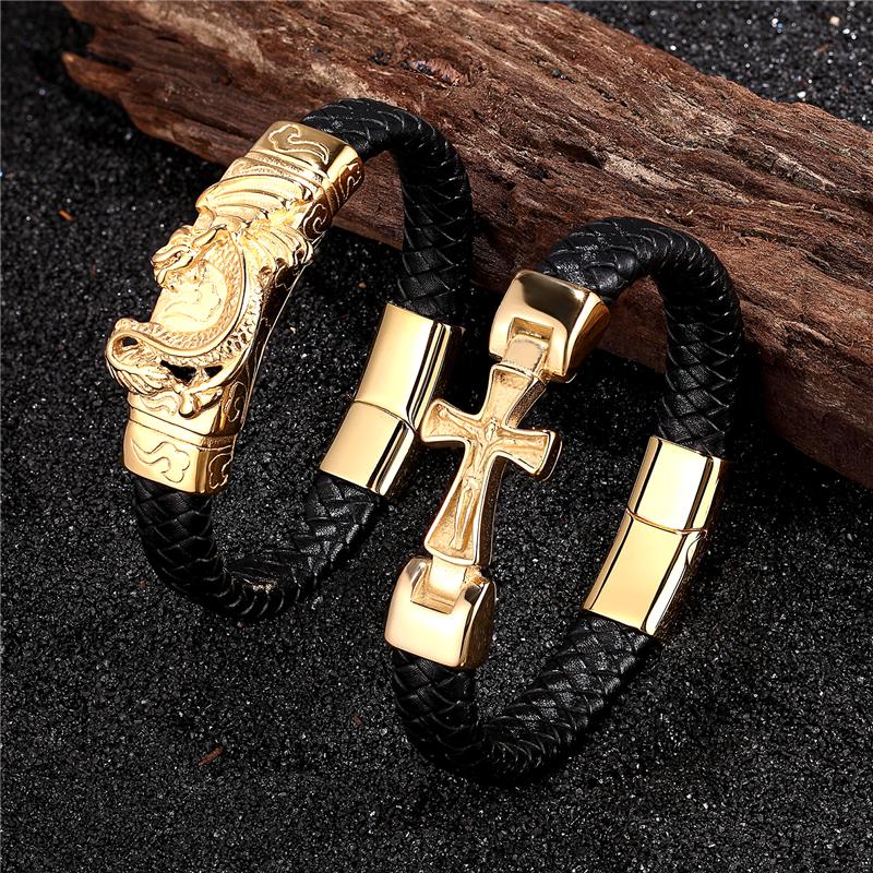 Cross Style Classic Handmade Leather Chain Braided Men Bracelets Fashion Magnet Clasp 316L Stainless Steel Wristband