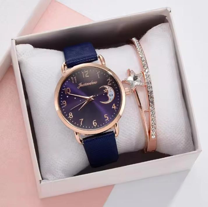 New Women'S Quartz Watch Set Pu With Moon Pattern Dial With Calendar Watch