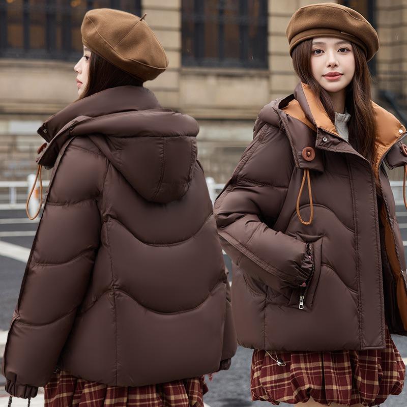 Cold-proof clothes women's short hooded contrasting colors winter new large-button casual cotton-padded clothes and cotton-padded jackets