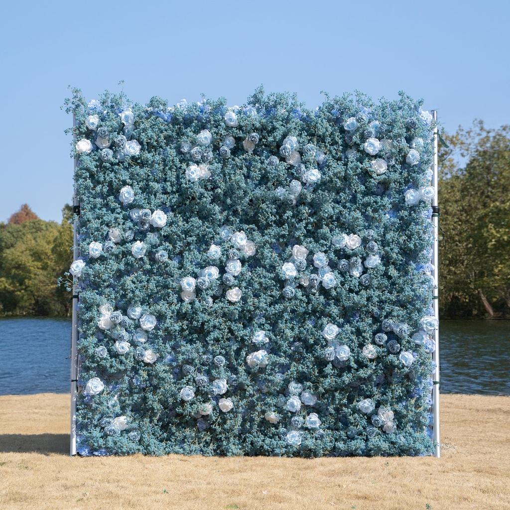 Uflower Artificial Flower Wall Roll-Up Blue Fabric Floral Backdrop for Wedding Event Party Decorations Curtain
