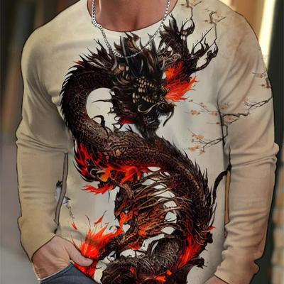Yeni trend sokak stili yüksek dönüş oranı hayvan ejderha 3D baskı havalı tişört sıcak moda rahat erkek uzun kollu yuvarlak yaka