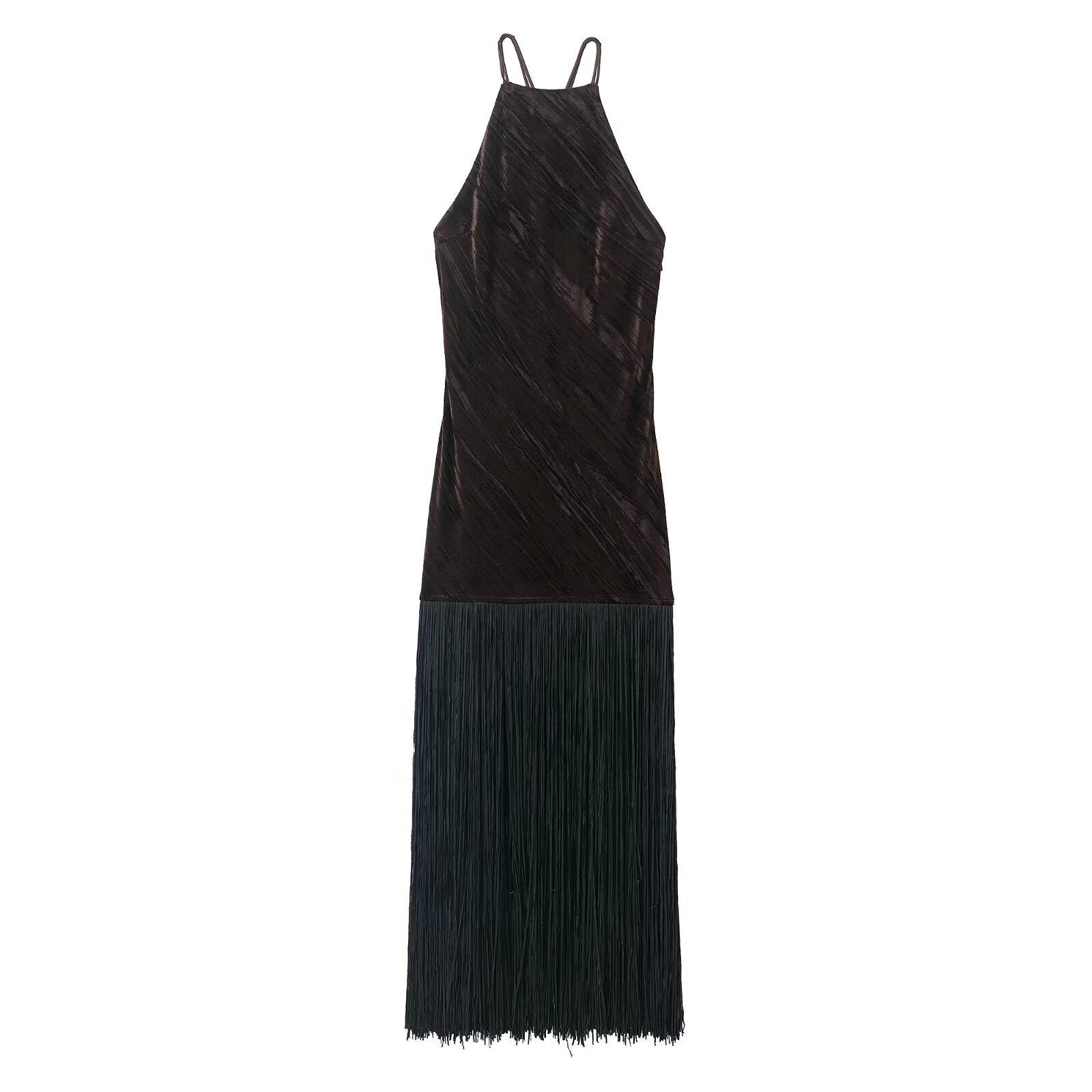 

ZG Women s Velvet Fringe Dress - Summer Trendy Sexy Mid-Length Style XS чёрный