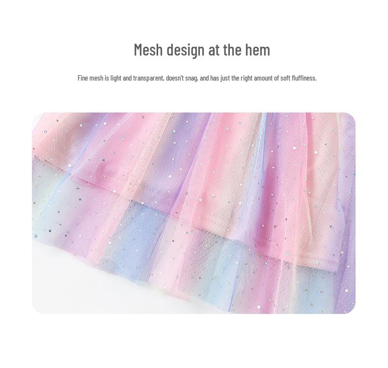 Rainbow Unicorn Print Kids' Mesh Dress - Short Sleeve, Spring/Summer