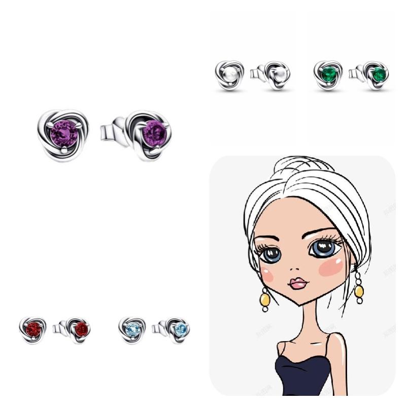 Panjia Pandora S925 Sterling Silver Earrings Geometric Shape Eternal Round Jewelry