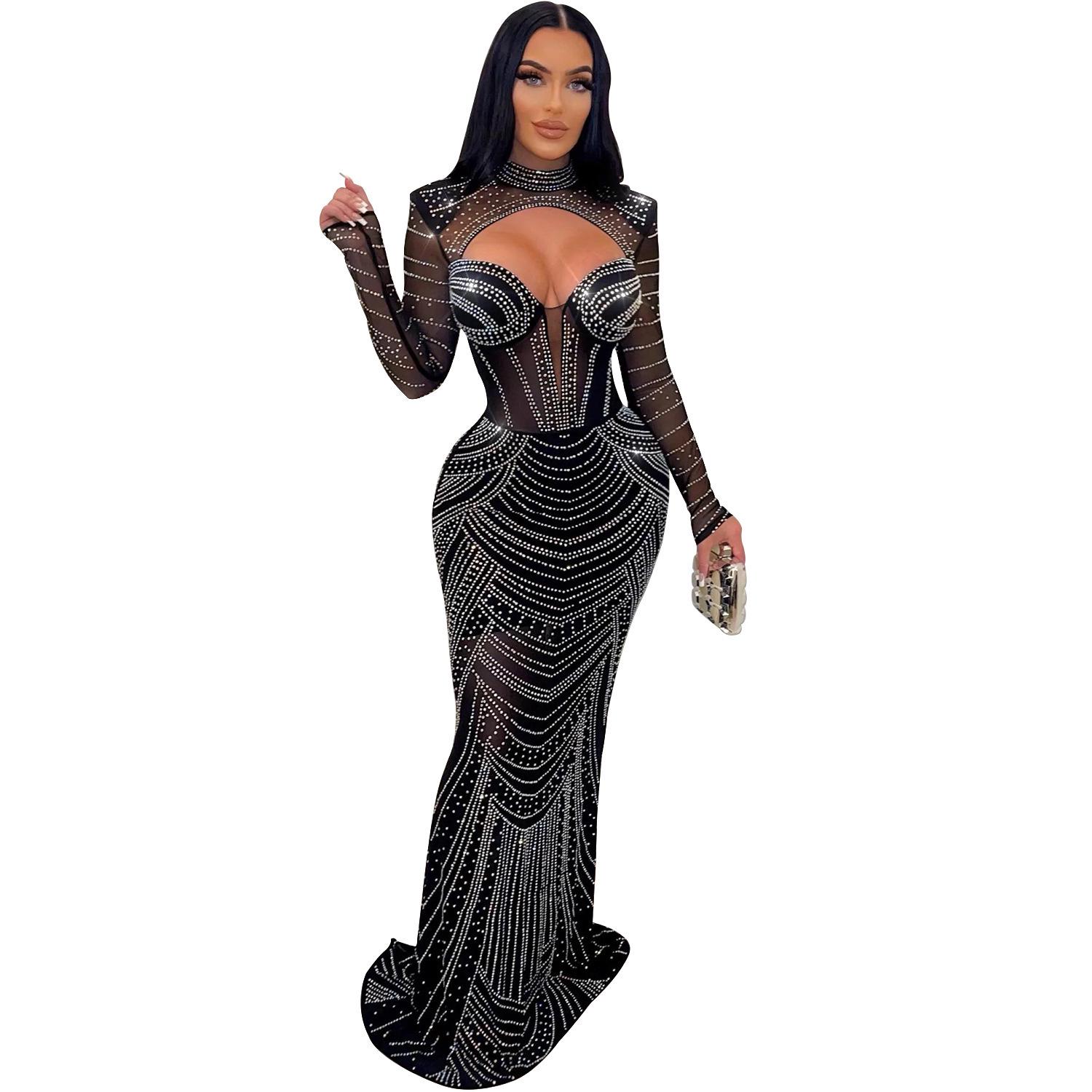 

OS6843 Європейська та американська жіноча сітчаста сукня з діамантами та довгим рукавом M чорний