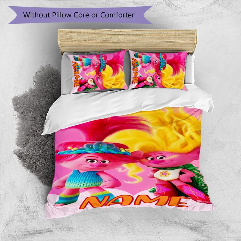 3pcs Custom Name Trolls Bedding Set Duvet Cover Closure Includes 1 Duvet Cover & 2 Pillowcases for All Seasons Bedroom Decor