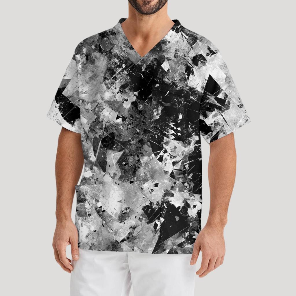 Herrtryck Kortärmad V-ringad Arbetsblus Bröstficka Vårdgivartopp