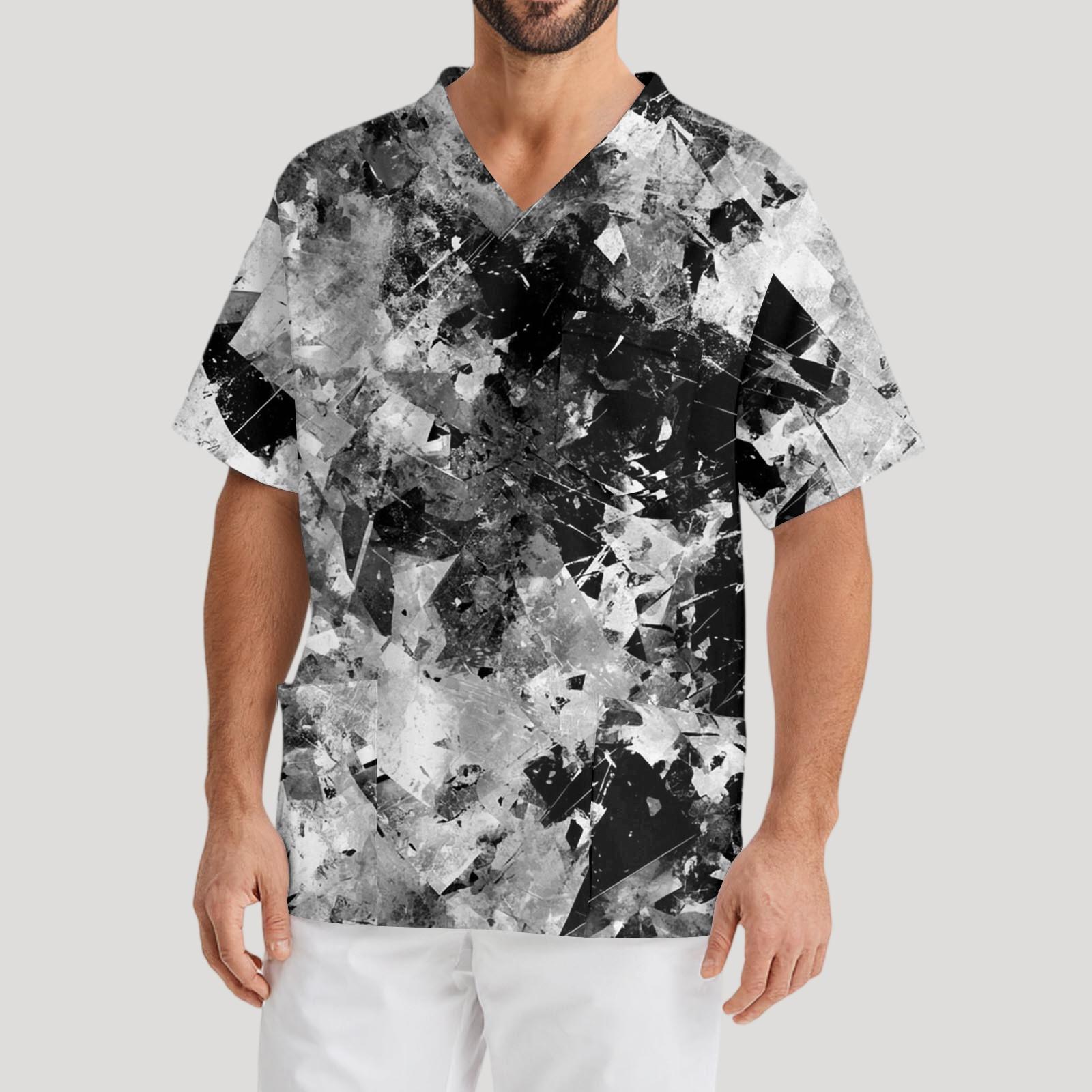 

Мужская рабочая блузка с короткими рукавами и v-образным вырезом с принтом, топ с нагрудным карманом XXL чёрный