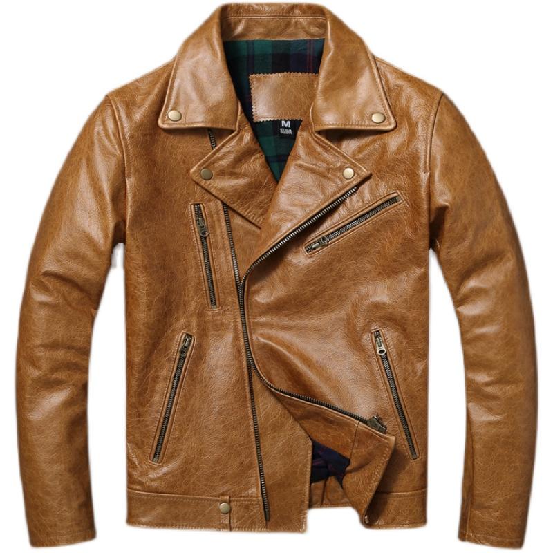 Chinese Size Men Leather Jackets Oil Waxed Yellow Brown Genuine Cow Leather Jacket for Men Cowhide Motorcycle Biker Jackets