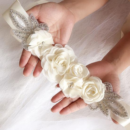Rose Flower Faux Pearl Rhinestone Women Bride Dress Belt Girdle Waist Band Decor