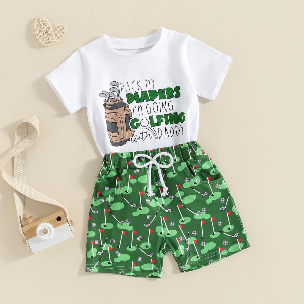 2 Stück Baby Jungen Sommeroutfits Kurzarm T-Shirt + Shorts mit Golfdruck Set Kleidung für Säuglinge