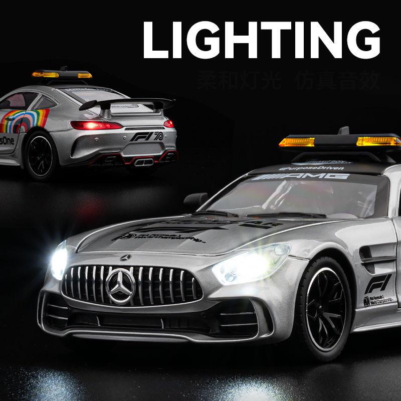 1/24 Benzs AMG GT bezpečnostní vůz, miniaturní měřítko, kovový model ze slitiny, zvuk a světlo, dětské hračky, dárky, sběratelská vozidla