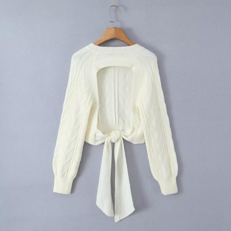 Womens Cropped Knit Sweater With Back Bow Detail Slim Fit Long Sleeve Pullover Gray Beige 2025 Fall