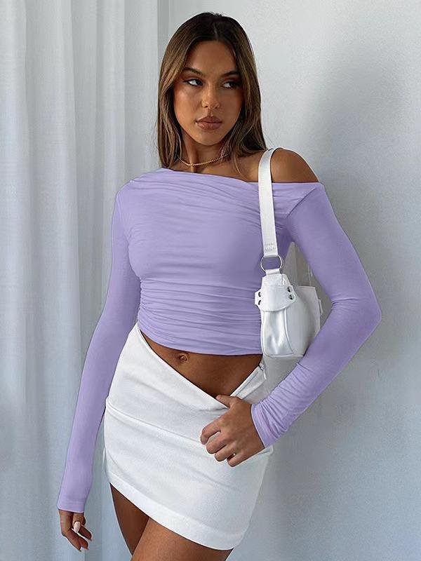 2025 Women's Asymmetrical One-Shoulder Solid Color Long Sleeve Slim Fit Cropped Top